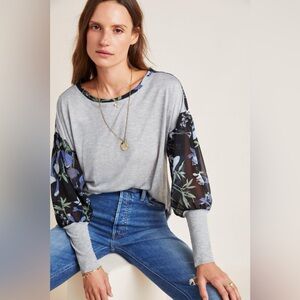 ANTHROPOLOGIE Tiny Raye Gray Floral Top - Size L